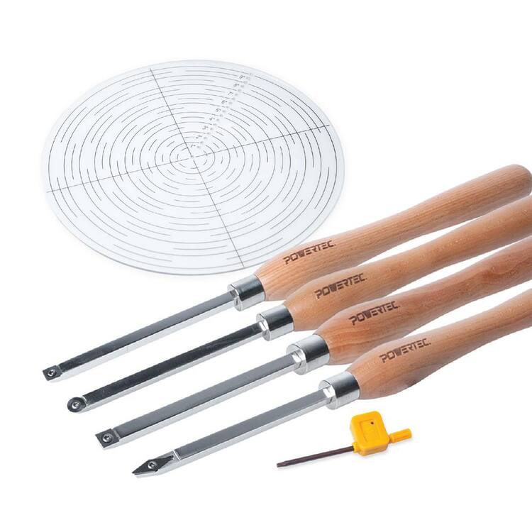 ?POWERTEC 4PCS Carbide Lathe Tools with 10 in. Center Finder Compass, Wood Lathe Tools, Lathe Tools with Replaceable Blades