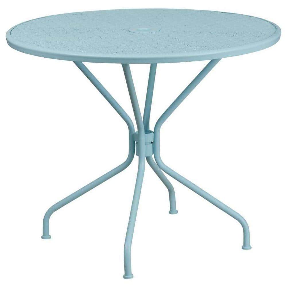 Sky Blue Round Metal Outdoor Bistro Table with Umbrella Hole