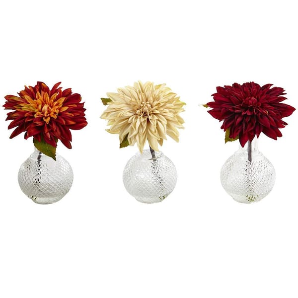 Nearly Natural 8 in. Artificial Dahlia with Decorative Vase (Set of 3)