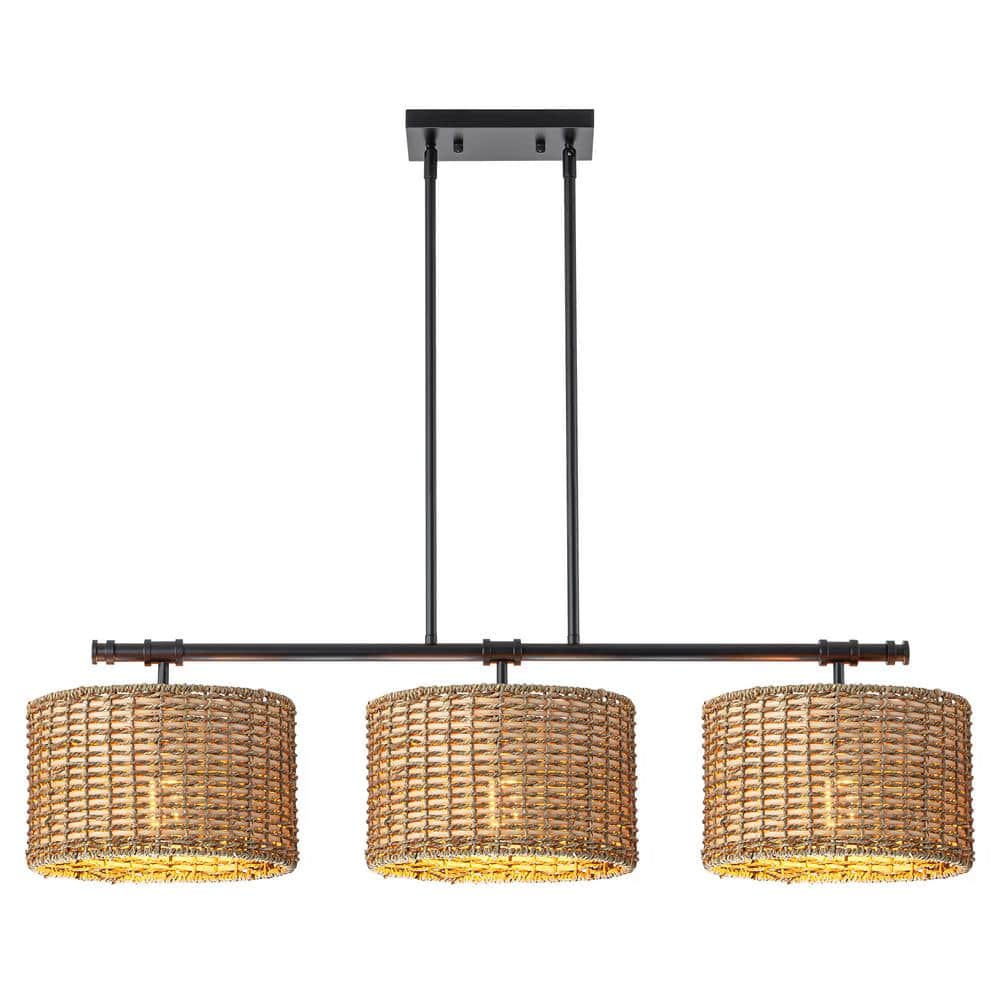 Terry 3-Light Black Farmhouse Linear Island Chandelier Light with Rattan Shades price history on PriceWatchPro