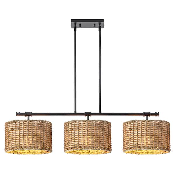 Terry 3-Light Black Farmhouse Linear Island Chandelier Light with Rattan Shades