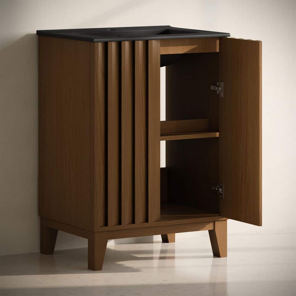 Troyes 24" Brown Oak Freestanding Vanity with Matte Black Sink Top