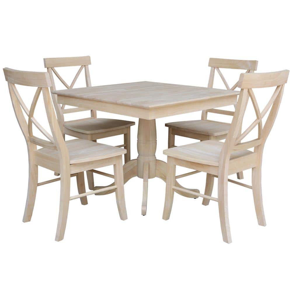 International Concepts 5 PC Set - Unfinished Solid Wood 36 in. Square Pedestal Dining Table with 4 Dining Side Chairs -  K-3636TP-C613-4