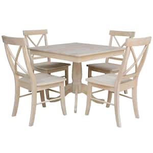 5 PC Set - Unfinished Solid Wood 36 in. Square Pedestal Dining Table with 4 Dining Side Chairs