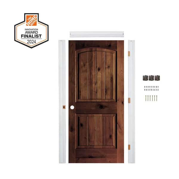 DIY RTA Kit 36inx80in Knotty Alder RH TopArch V-Groove Red Mahogany Stain Wood Single Ready To Assemble Interior Door