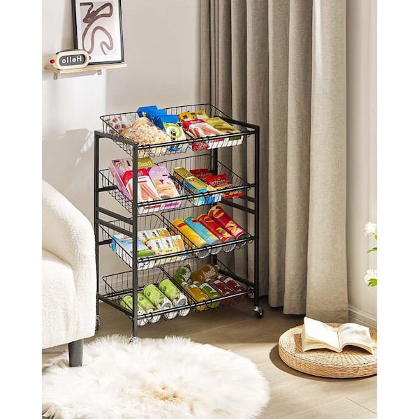 25.2 in. W Black Kitchen Storage Cart, Rolling Snack Cart, Metal Pantry Storage Organizer with 8 Removable Baskets