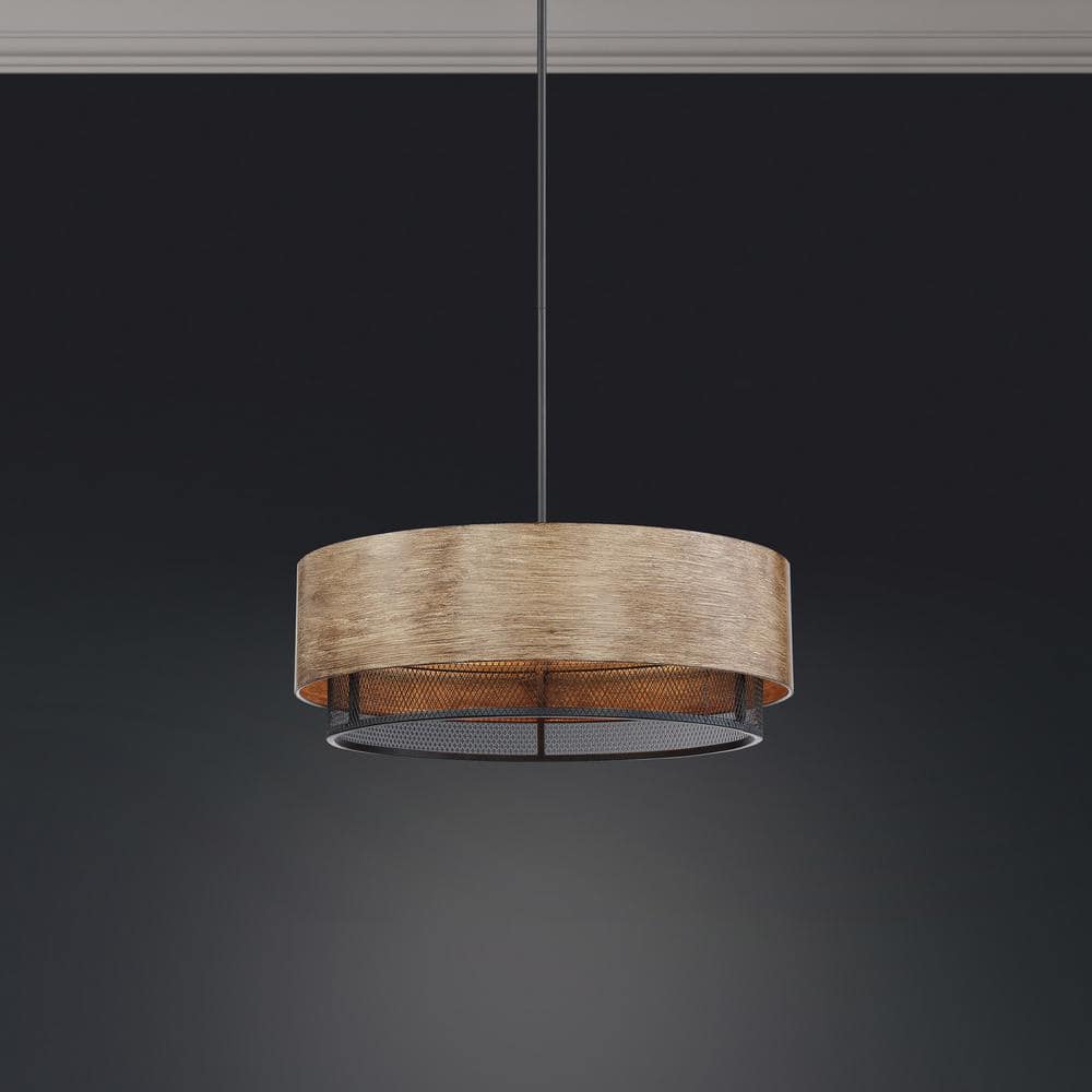 Nuvo Black and Honey Wood Drum Pendant Light