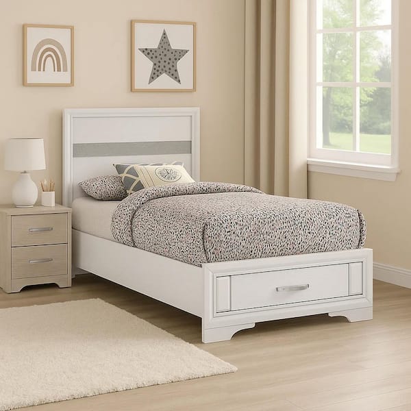 Vino White and Silver Wood Frame Twin Size Panel Bed with Storage