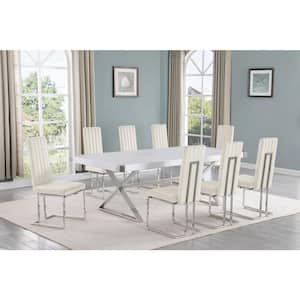Miguel 9-Piece Rectangle White Wood Top Silver Stainless Steel Dining Set with 8 Cream Velvet Chairs