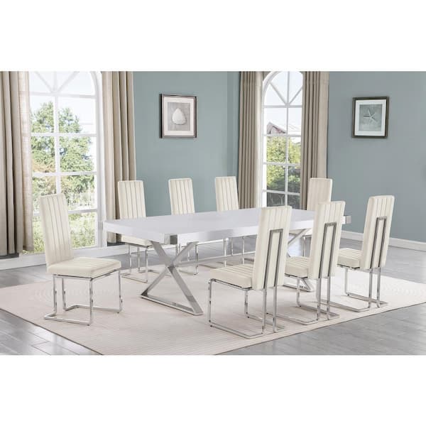 Best Quality Furniture Miguel 9-Piece Rectangle White Wood Top Silver Stainless Steel Dining Set with 8 Cream Velvet Chairs