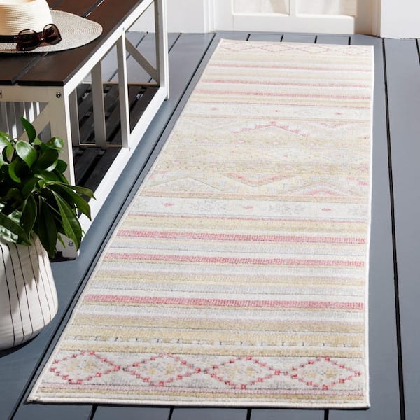 Cabana Ivory/Beige/Gold 2 ft. x 9 ft. Striped Diamond Indoor/Outdoor Runner Rug