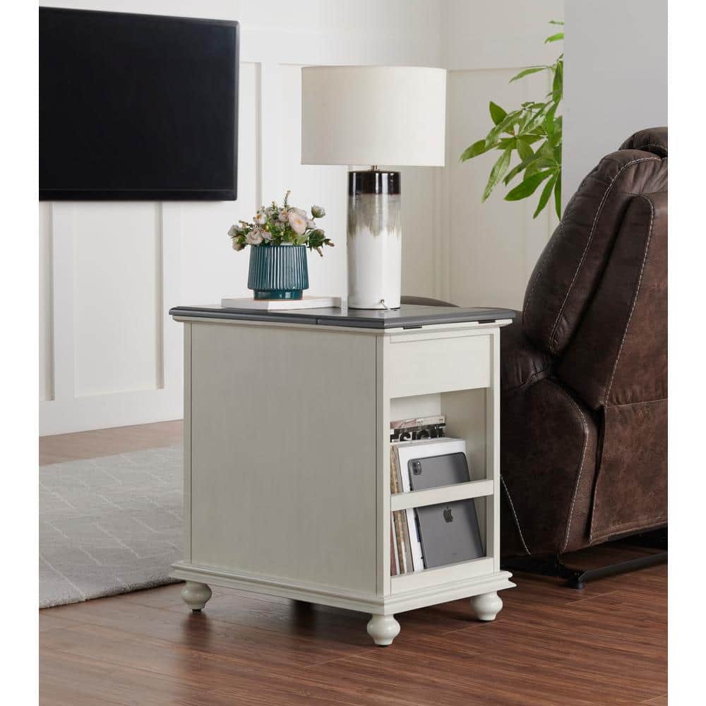 White and Gray Rectangular Wood Chairside Table with Storage
