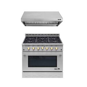 Entree Bundle 36 in. 5.5 cu. ft. Pro-Style Liquid Propane Range Convection Oven Range Hood in Stainless Steel and Gold