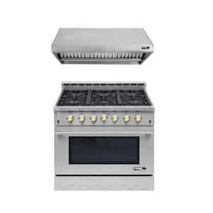 Entree Bundle 36 in. 5.5 cu. ft. Pro-Style Gas Range with Convection Oven and Range Hood in Stainless Steel and Gold