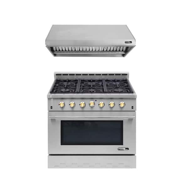 NXR Entree Bundle 36 in. 5.5 cu. ft. Pro-Style Gas Range with Convection Oven and Range Hood in Stainless Steel and Gold