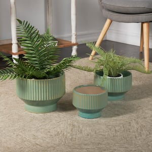 7 in., 6 in. and 5 in. Small Green Ceramic Wide Planter with Linear Grooves and Tapered Bases (3-Pack)