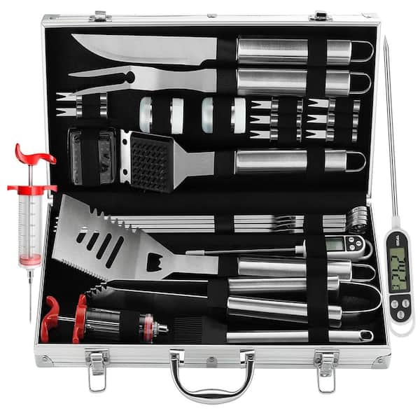 24PCS BBQ Stainless Steel Grill Tools Set with Meat Thermometer and Injector,Silver