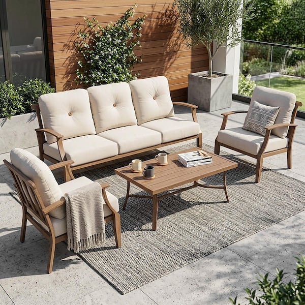 Brown 4-Piece Aluminum Patio Conversation Set with Coffee Table and Removable Zippered Beige Cushions