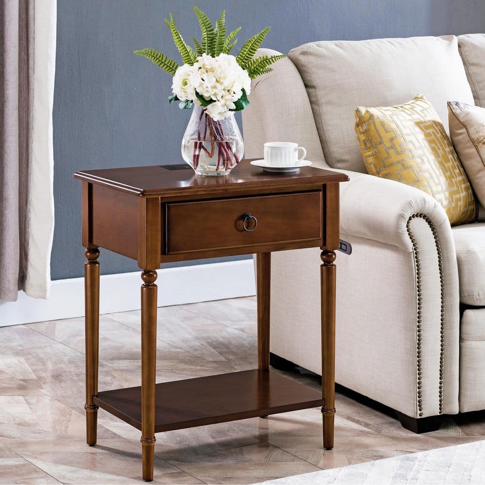 Pecan Brown Solid Wood Coastal Side Table with USB-C Fast Charging Station
