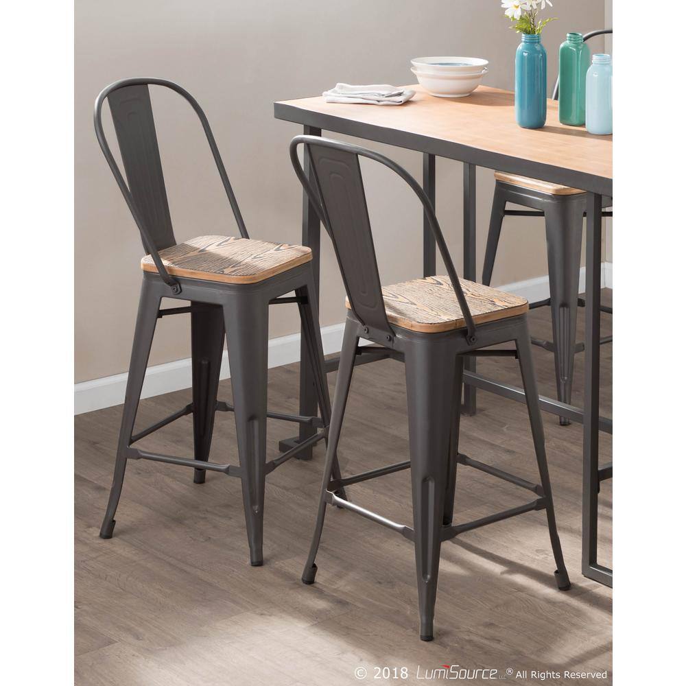 Rustic Industrial Grey-Brown Wood & Metal High Back Counter Stool