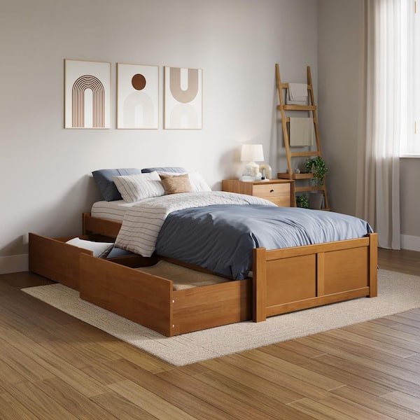 Concord Light Toffee Natural Bronze Solid Wood Frame Twin XL Platform Bed with Footboard and Storage Drawers