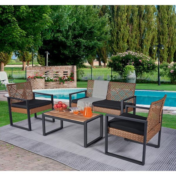 Unbranded 4-Piece Outdoor Light Brown Rattan Wicker Patio Conversation Set with Acacia Wood Table Top, Black Cushion