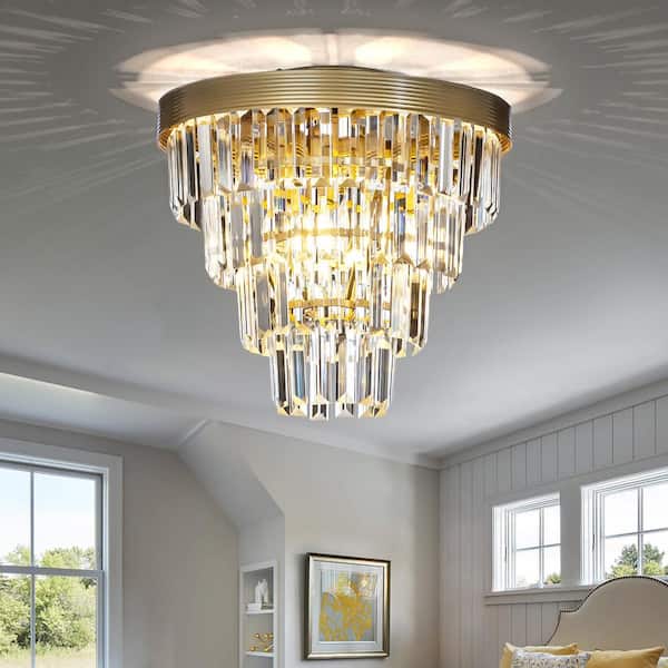 ALOA DECOR 3-Light 13 in. Tiered Gold Mini Flush Mount With Clear Crystals
