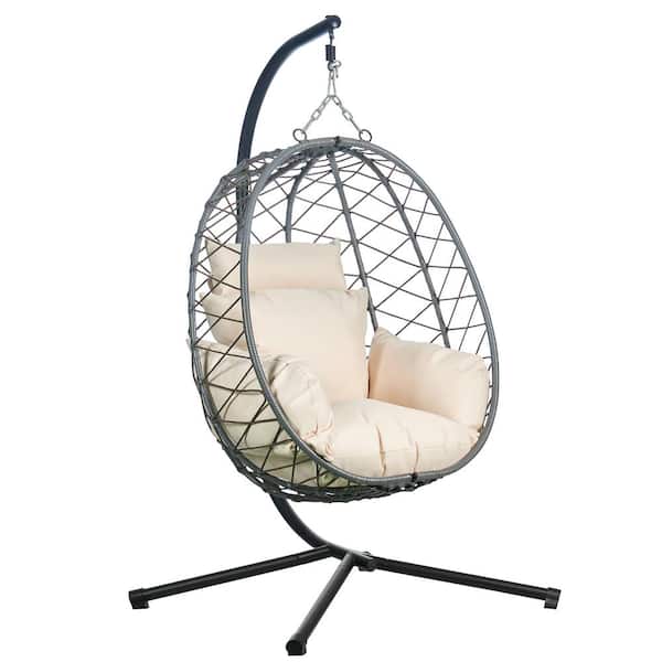Leisuremod Summit Modern Outdoor Single Person Porch Swing Chair in Grey Metal Frame with Removable Cushions, Beige