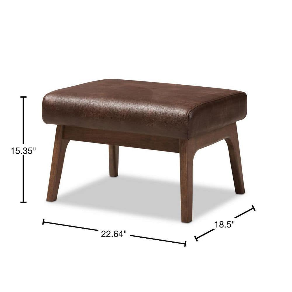 Bianca 19'' Walnut Wood Distressed Dark Brown Faux Leather Ottoman