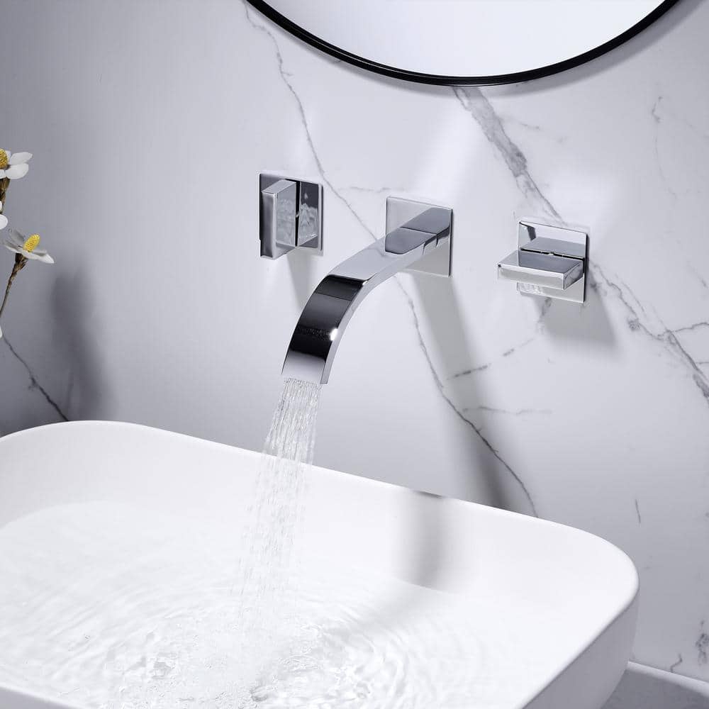 FLG Double Handle Wall Mounted Bathroom Faucet 3 Holes Brass Waterfall Bathroom Sink Faucets in ...