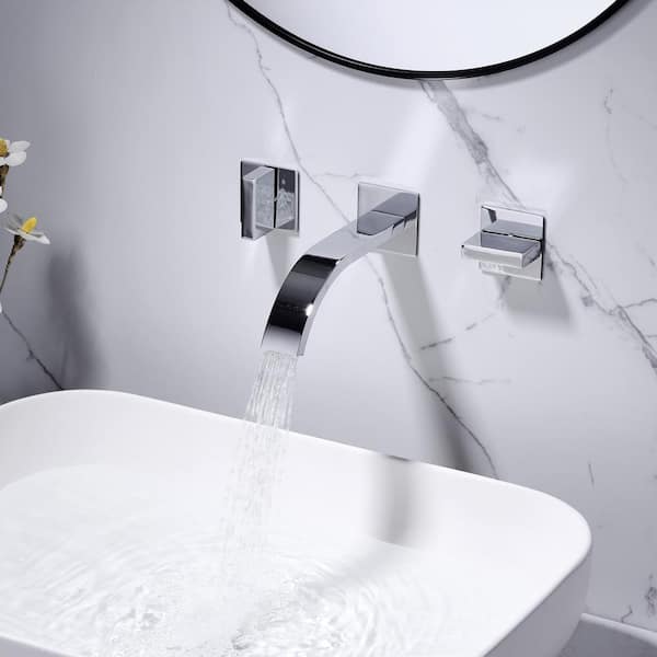 FLG Double Handle Wall Mounted Bathroom Faucet 3 Holes Brass Waterfall Bathroom Sink Faucets in Polished Chrome