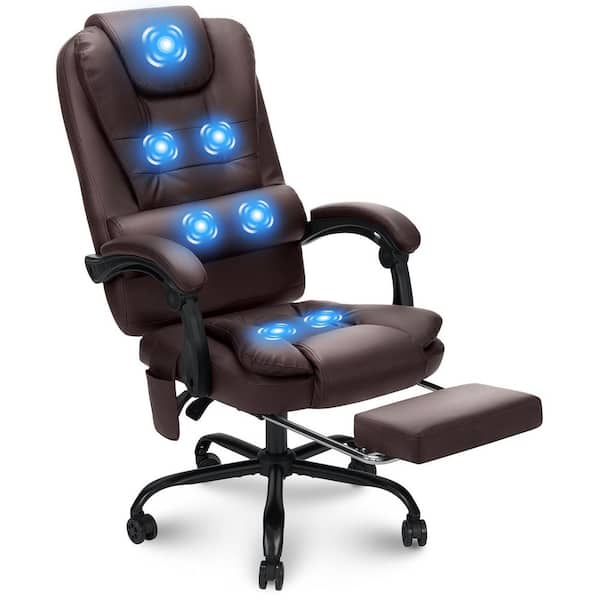 Hoffree Faux Leather Massage Executive Chair with Lumbar Support Ergonomic Office Chair in Brown with Footrest