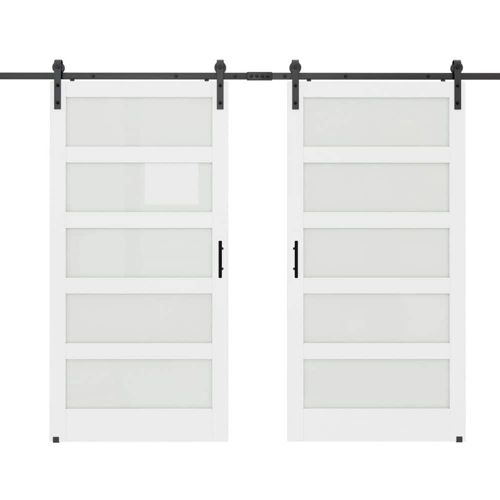 84 in. x 84 in. 5-Lite Tempered Frosted Glass White Primed MDF Wood Sliding Barn Door with Hardware Kit price history on PriceWatchPro