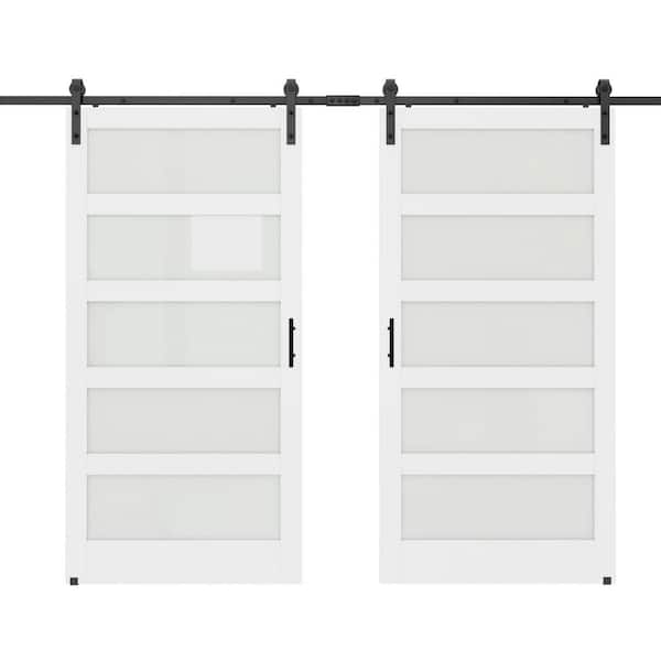84 in. x 84 in. 5-Lite Tempered Frosted Glass White Primed MDF Wood Sliding Barn Door with Hardware Kit
