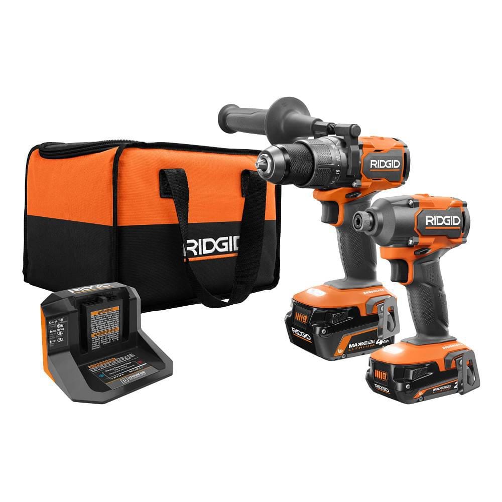 Ridgid 18v Brushless Cordless 2 Tool Combo Kit With Hammer Drill Impact Driver 2 Batteries Charger And Bag R9208 The Home Depot