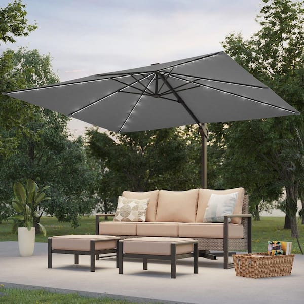 Sonkuki 10 x 8 ft. Metal Solar-powered Cantilever Patio Umbrella with 360° Rotation and Canopy Angle Adjustment in Gray
