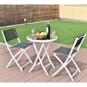 White 3-Piece Metal Outdoor Bistro Set in Black Seat