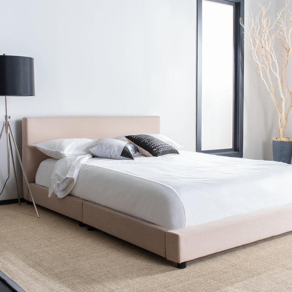 Beige Linen Upholstered Queen Bed with Tufted Headboard