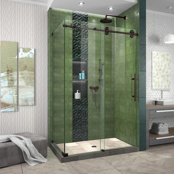 DreamLine Enigma - XO 44 -3/8 - 48 -3/8 in. W x 76 in. H Fully Frameless Sliding Shower Door in Oil Rubbed Bronze Stainless Steel