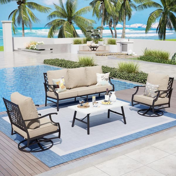 PHI VILLA Metal 5 Seat 4-Piece Steel Outdoor Patio Conversation Set With Beige Cushions, Swivel Chairs and Marble Pattern Table