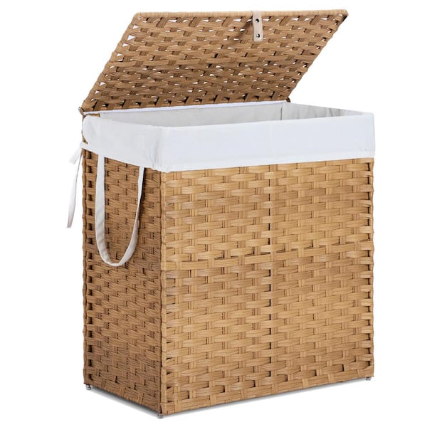 Unbranded Brown 13 in. x 24 in. Plastic Decorative Basket Laundry Hamper with Lid Removable Liner Bag Foldable, Bathroom Storage