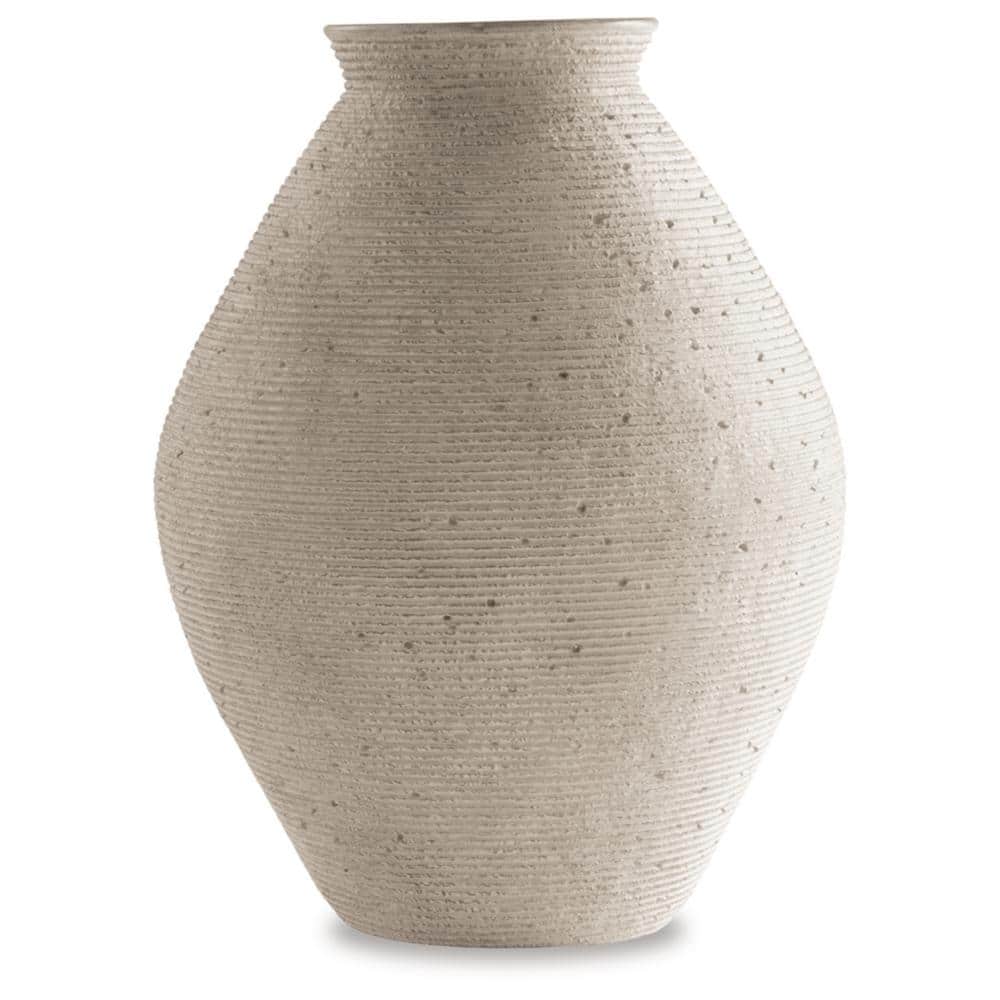 Contemporary 17" Beige Ribbed Plastic Vase with Artisanal Rings