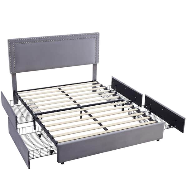 Platform Bed Frame Gray Metal Frame Full Size Platform Bed 4-Storage Drawers, Upholstered Bed Headboard