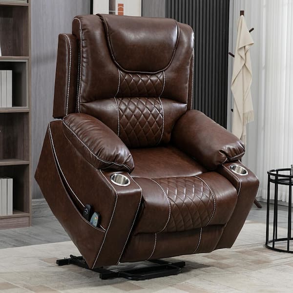 KINWELL Brown Faux Leather Lift Power Elderly Electric Massage Recliner ...