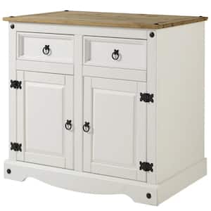 Cottage Series Distressed White Wood Pine 35.83 in. Buffet Sideboard with 2 drawers and 2 doors