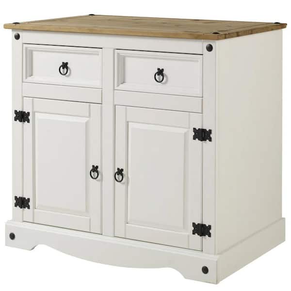 OS Home and Office Furniture Cottage Series Distressed White Wood Pine 35.83 in. Buffet Sideboard with 2 drawers and 2 doors