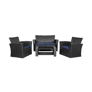 Hudson 4-Piece Black Wicker Outdoor Patio Loveseat and Armchair Conversation Set w/Navy Blue Cushions and Coffee Table