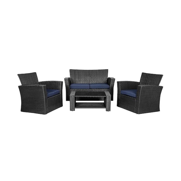 WESTIN OUTDOOR Hudson 4-Piece Black Wicker Outdoor Patio Loveseat and Armchair Conversation Set w/Navy Blue Cushions and Coffee Table