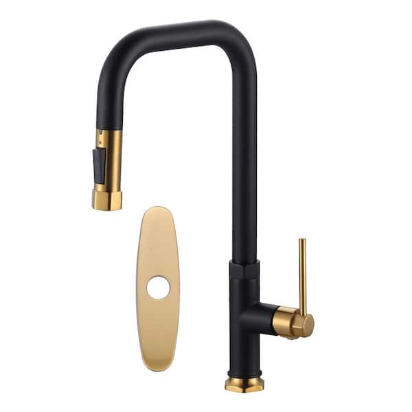 Single Handle 2 Water Modes Pull Down Sprayer Kitchen Faucet with Stainless Steel And Brass in Black and Gold