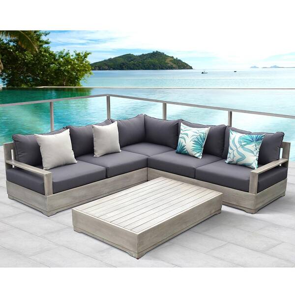 OVE Decors Beranda Gray 3-Piece Wood Outdoor Sectional Set with Gray Cushions